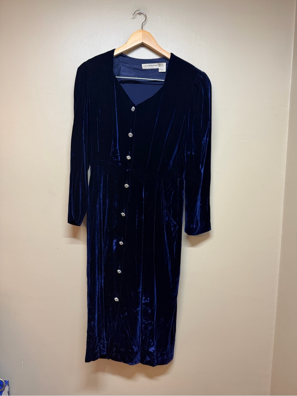 Vtg 80s LIZ CLAIBORNE Dress Blue VELVET Modest RHINESTONE COTTAGECORE Silk Rayon